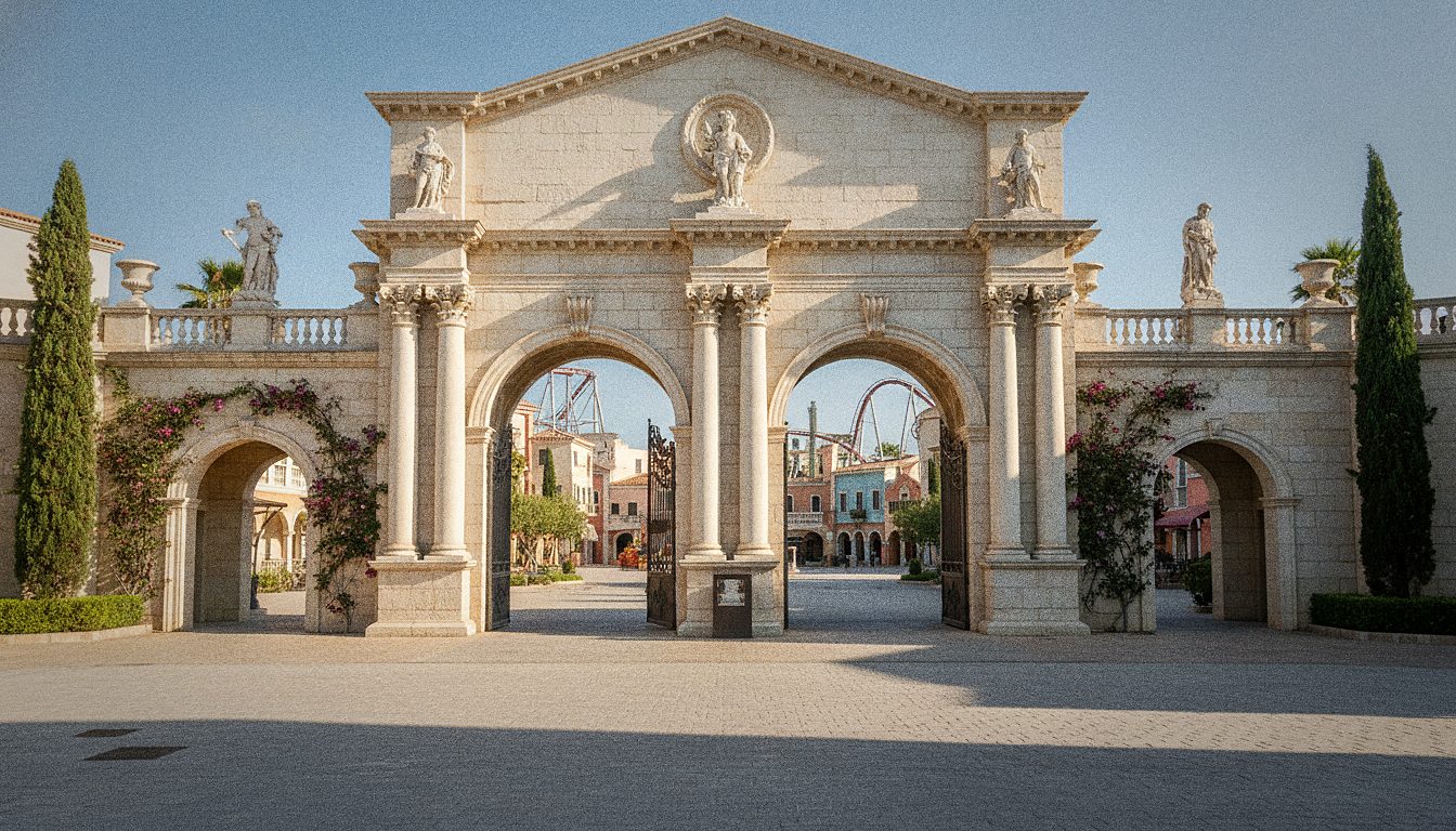La puerta de entrada de un parque temático italiano con familias llegando