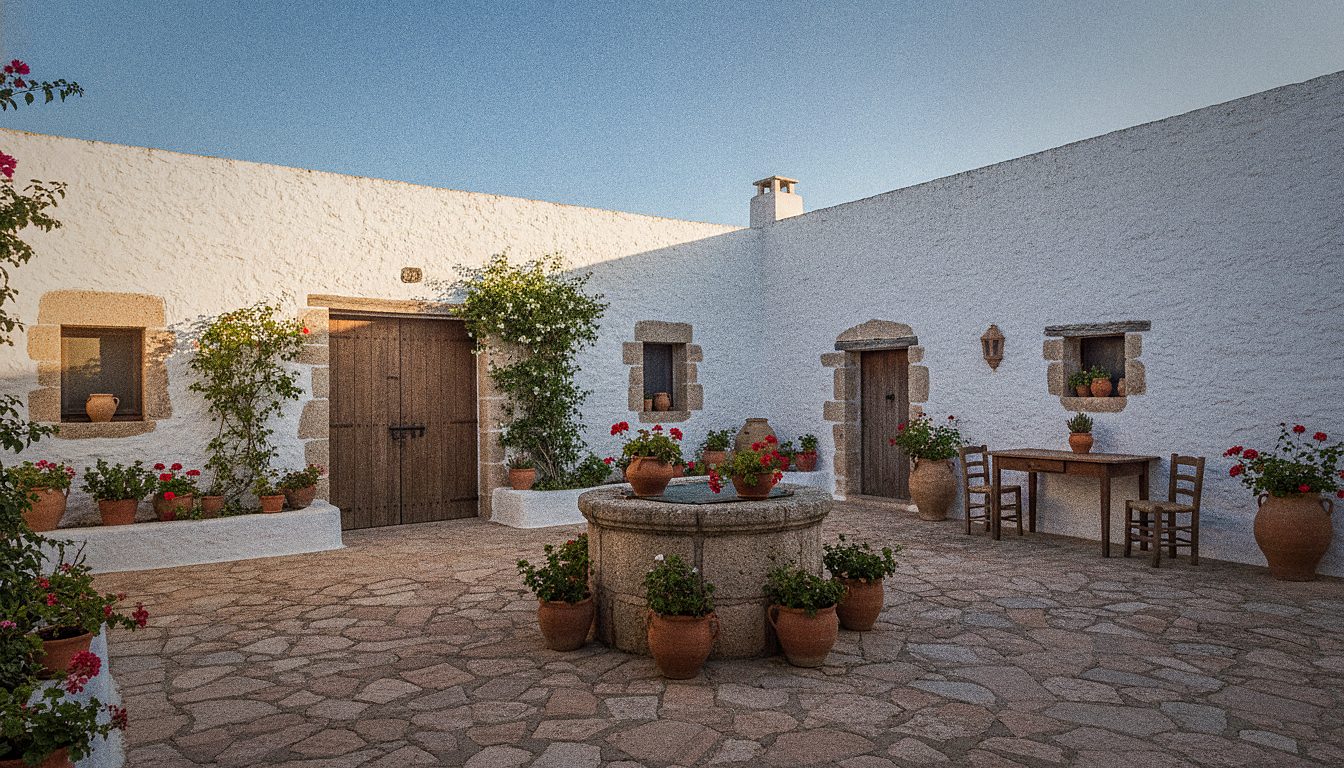 Un patio encalado de una finca menorquina con plantas en macetas y muros de piedra tradicionales
