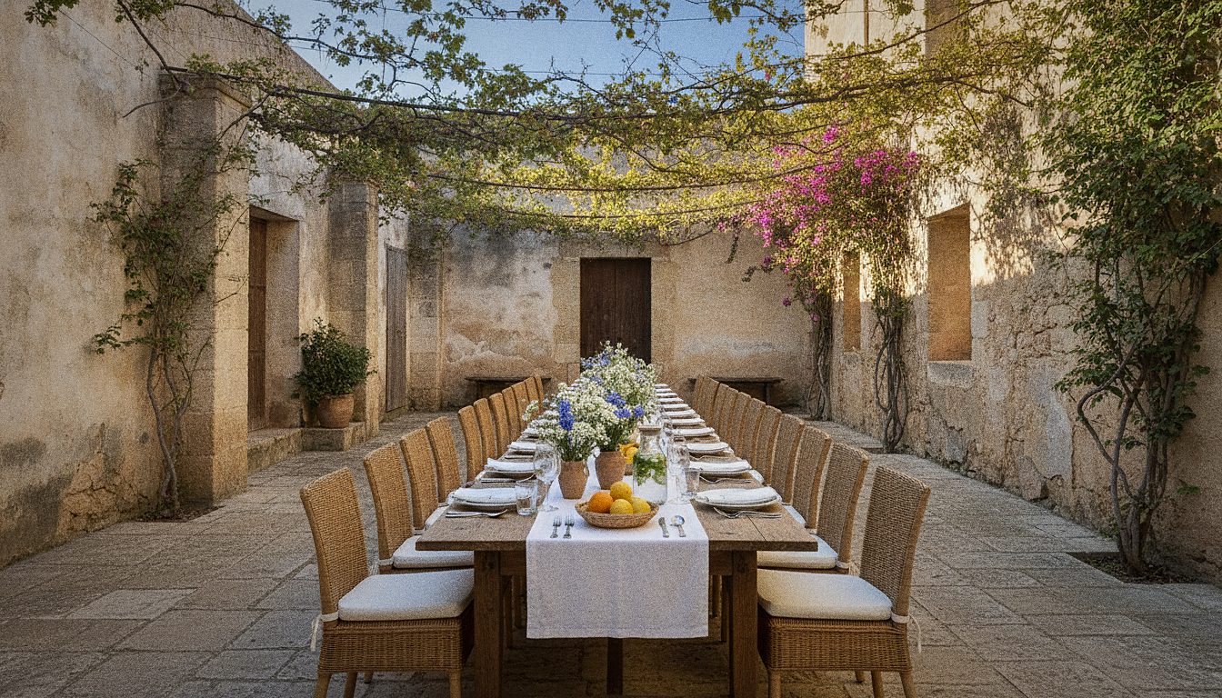 Una larga mesa exterior preparada para una celebración privada en un patio menorquín