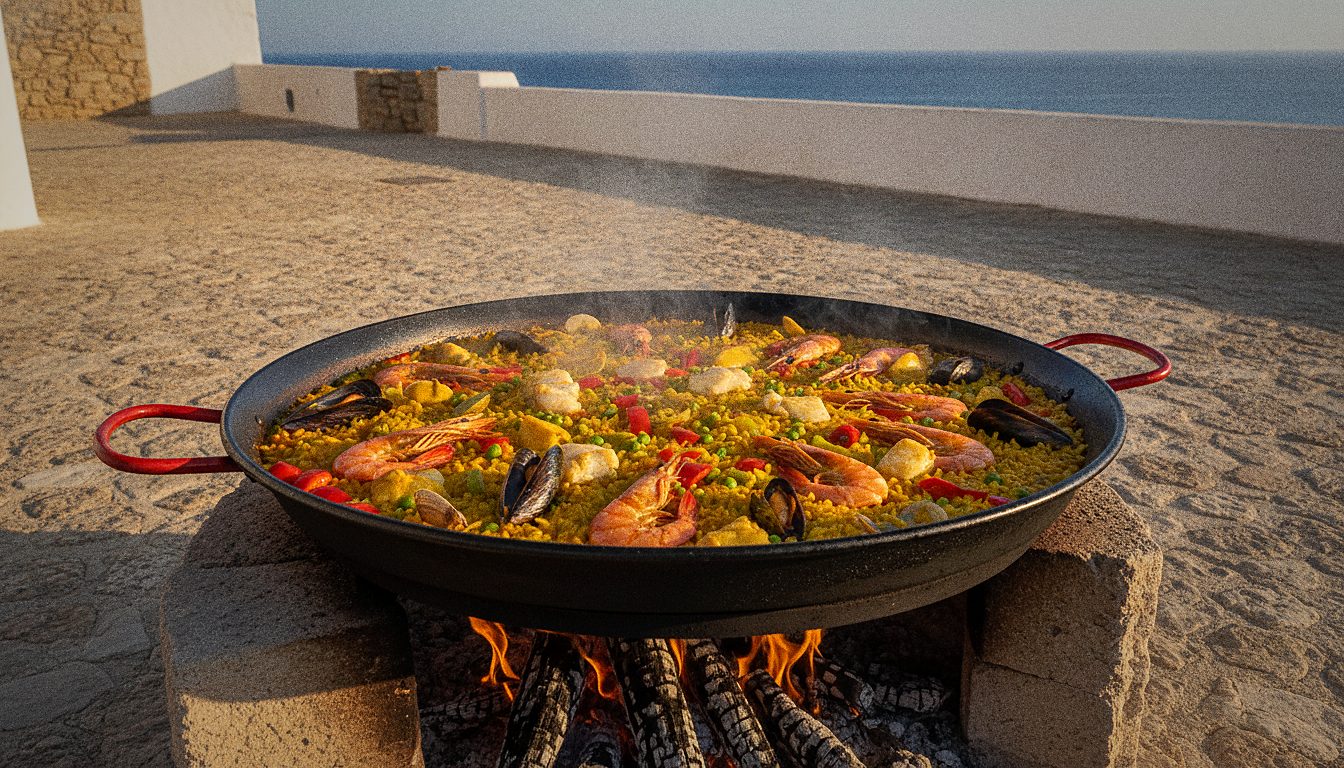 Una amplia paellera de arroz con azafrán y marisco cocinándose a fuego abierto en Menorca